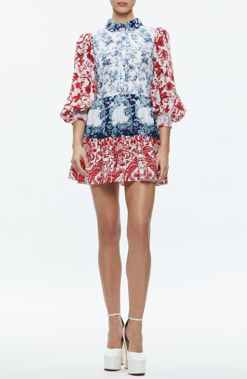 Alice + Olivia Paulie Mixed Floral Balloon Sleeve Minidress Blue at Nordstrom,