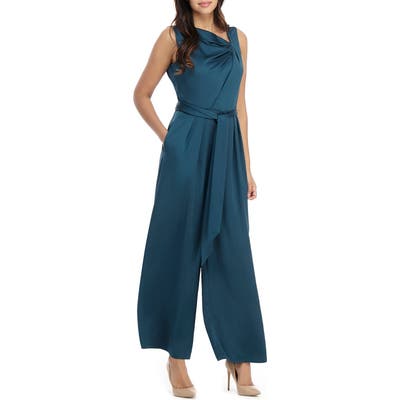 Maggy London Asymmetrical Wide Leg Satin Jumpsuit, Green