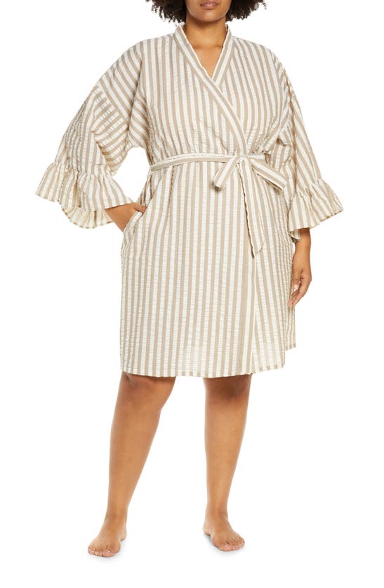 Open Edit Seersucker Robe In Tan Lead Simple Stripe