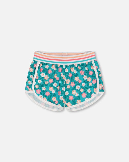 Deux Par Deux Girl's Striped Waist Viscose Short Turquoise Printed in Printed Small Ibiscus at Nordstrom