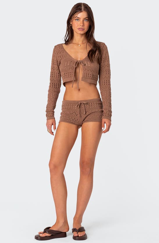 Shop Edikted Betsy Open Stitch Tie Front Sweater Shorts In Brown