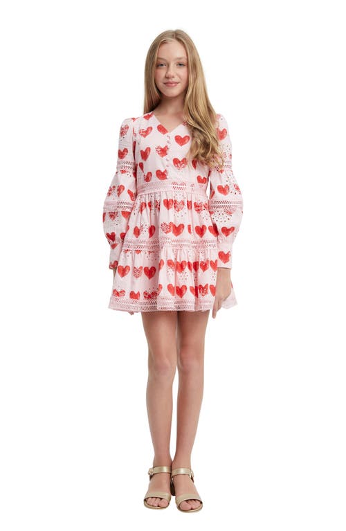 Bardot Junior Kids' Venice Long Sleeve Cotton Party Dress in Pink Heart at Nordstrom, Size 14 Us