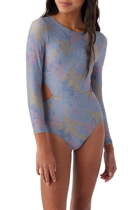 Shop O'neill Kids' Sandrine Cutout Long Sleeve One-piece Swimsuit In Blue Multi