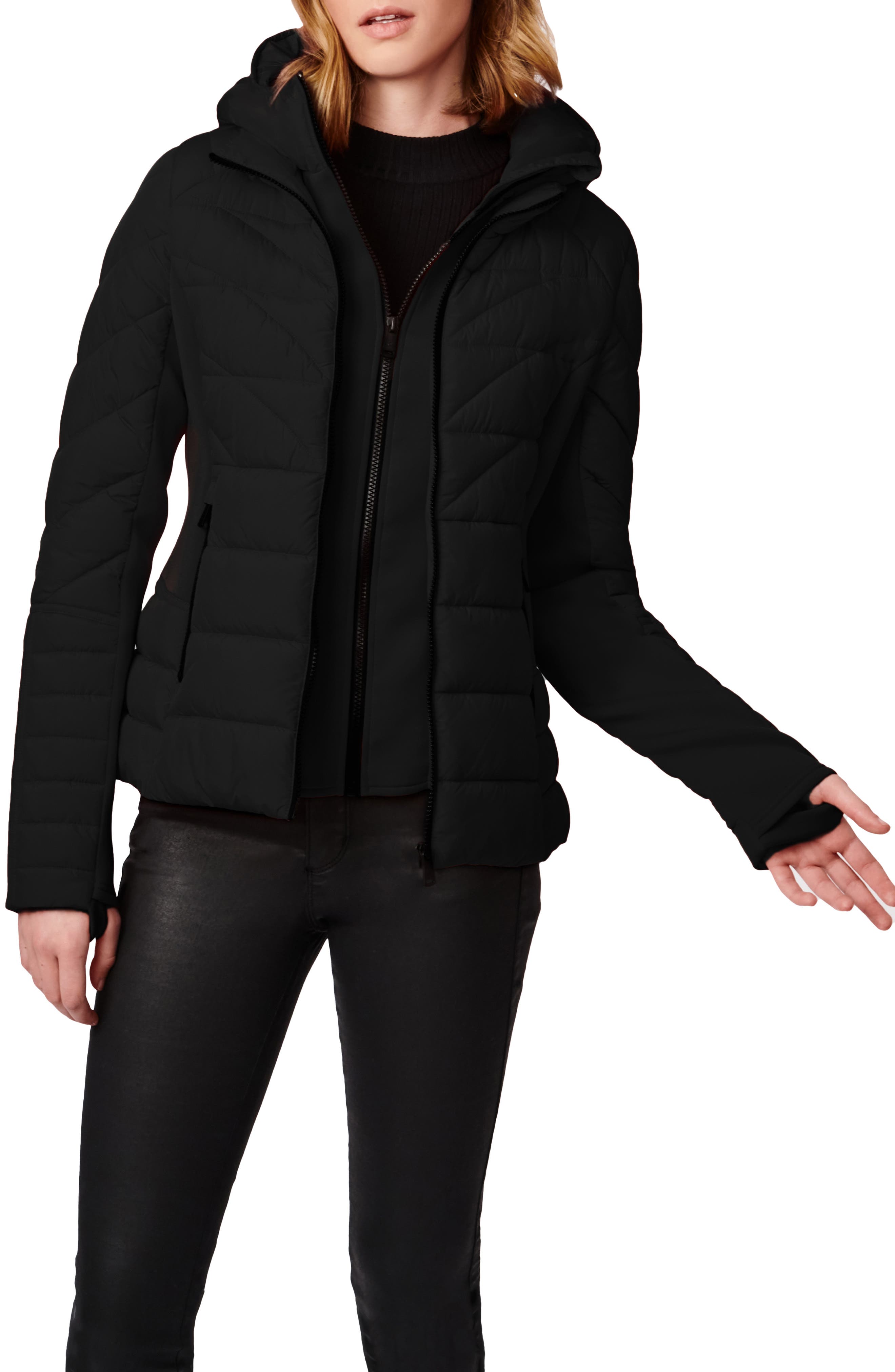 black leather puffer jacket women's