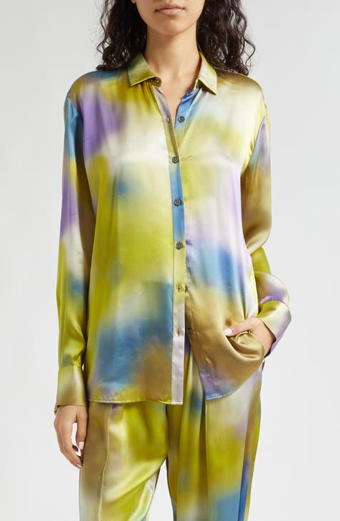 Watercolor Print Silk Charmeuse Button-Up Shirt