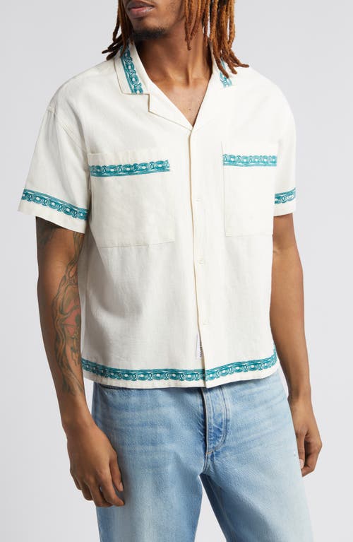 Embroidered Short Sleeve Cotton & Linen Button-Up Shirt in Off White