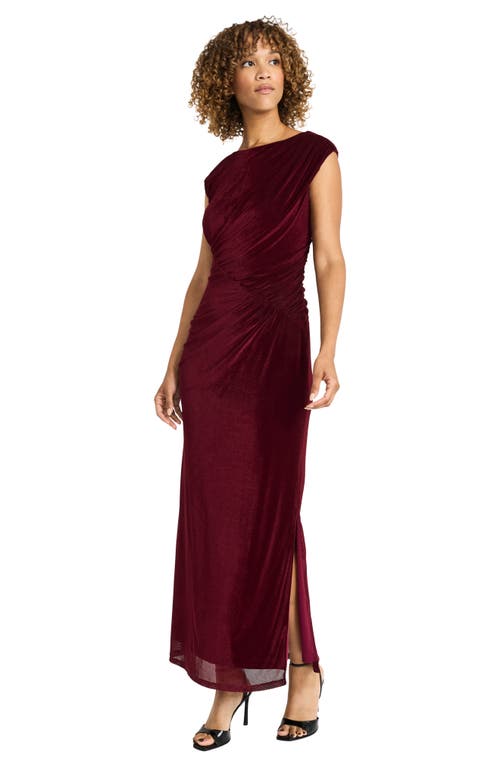 Shop Maggy London Shirred Velvet Gown In Wine Red