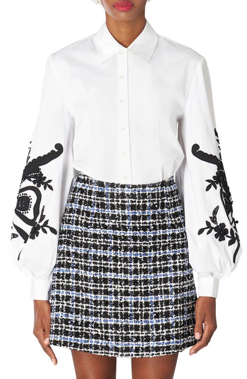 Carolina Herrera Embroidered Lantern Sleeve Button-Up Blouse in White
