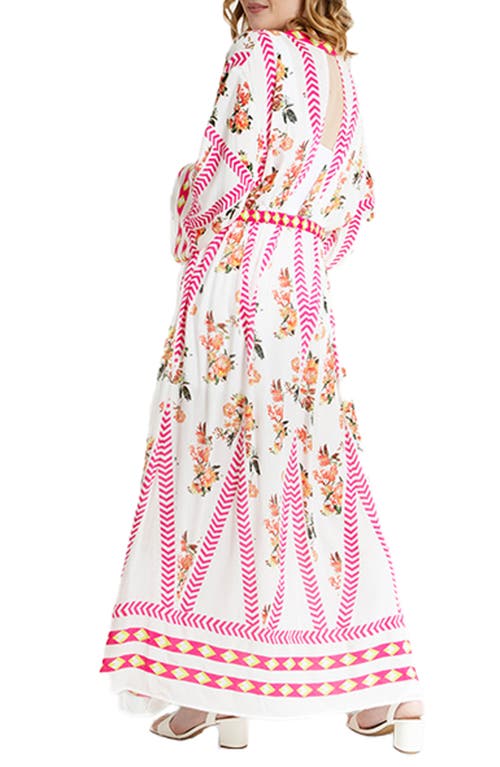 Saachi Floral Print Plunge Neck Cover-up Kaftan In White Combo