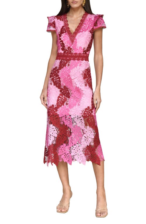 Adeline Palm Lace Midi Dress in Red/Pink