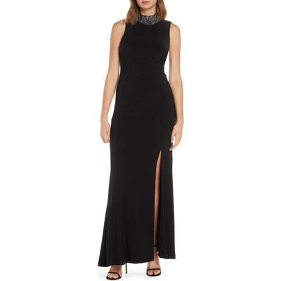 Vince Camuto Embellished High Neck Jersey Gown, Black