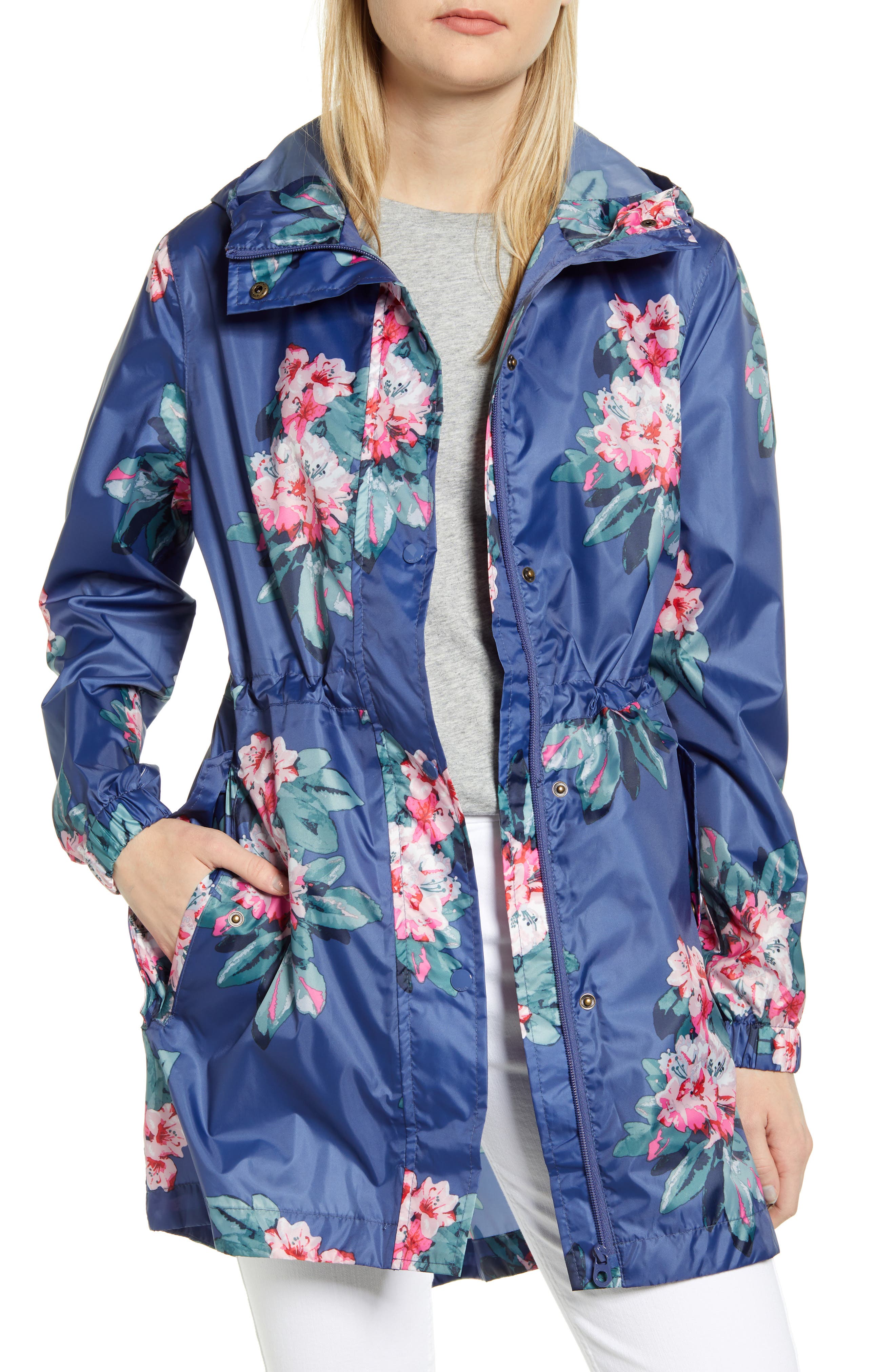 Joules Packable Waterproof Rain Jacket In Blue Floral