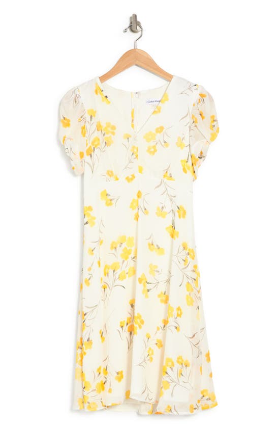 Calvin Klein Floral Print Chiffon A-line Dress In Golden Multi