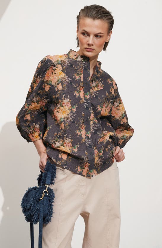 Shop & Other Stories Floral Print Cotton Shirt In Grey Medium Dusty