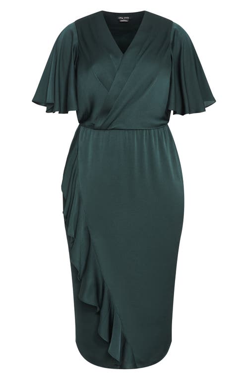City Chic Soft Ruffle Faux Wrap Midi Dress In Emerald