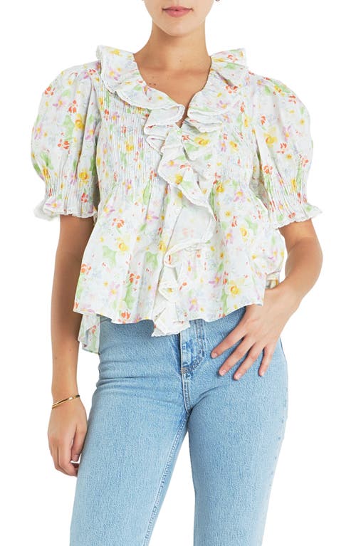 Floral Print Ruffle Top in White Multi