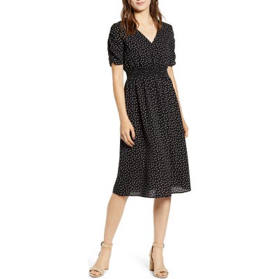 Good Luck Gem Floral Ruched Sleeve Dress, Black