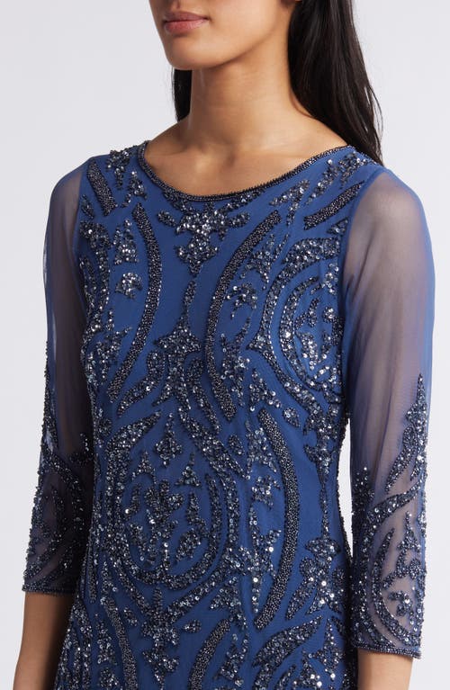 Pisarro Nights Sequin Beaded Illusion Mesh Three-quarter Sleeve Gown In Denim