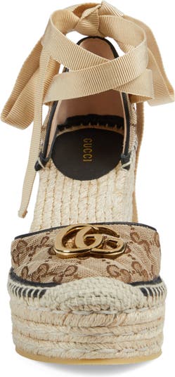 Gucci Ankle Tie Wedge Platform Espadrilles Sandals