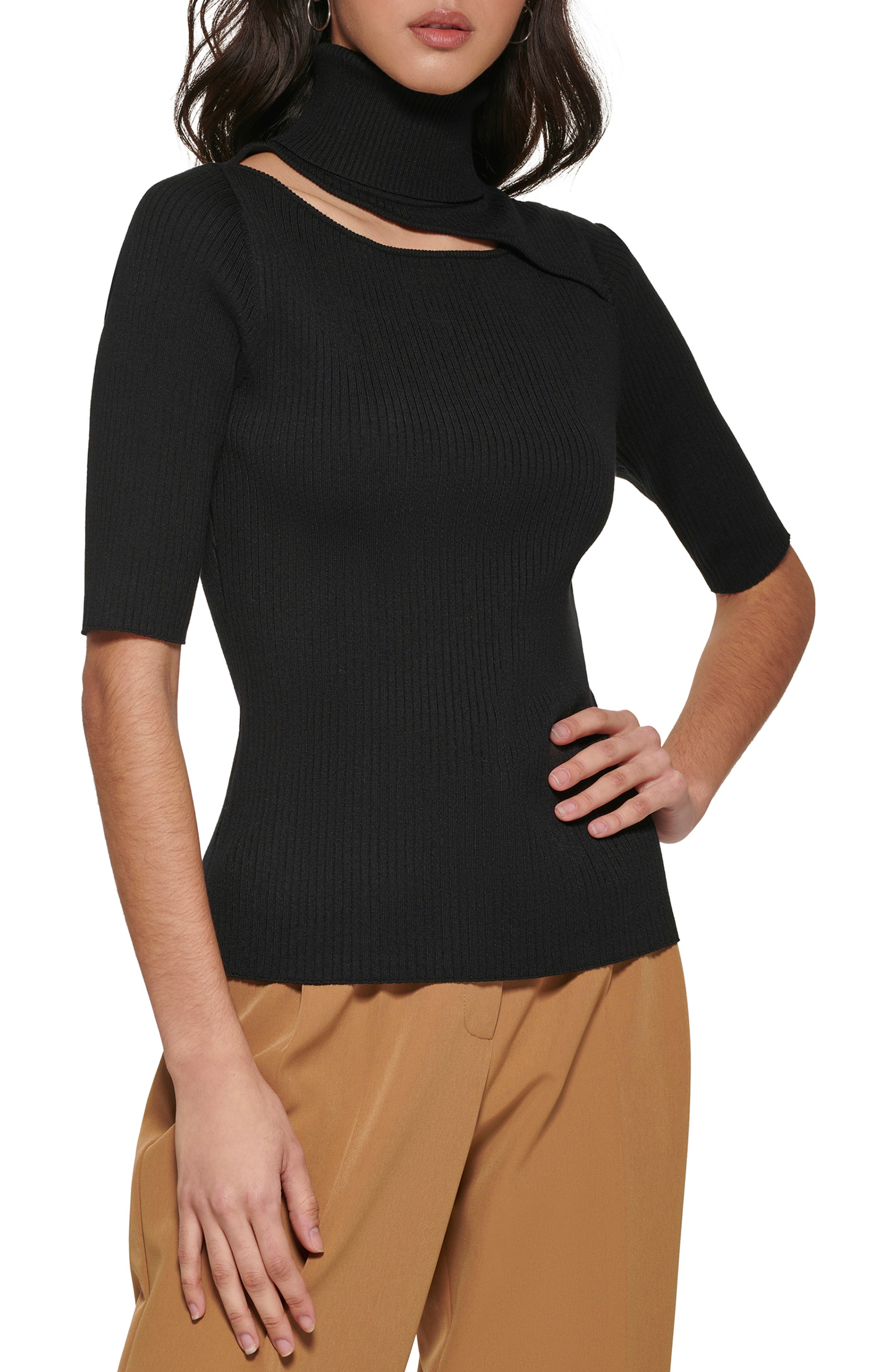 Dkny Cutout Elbow Sleeve Turtleneck Rib Sweater in Black