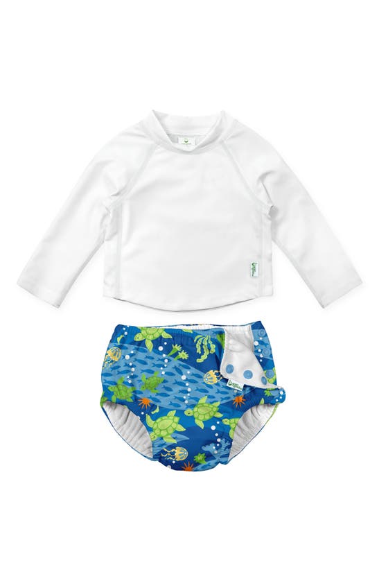 Green Sprouts Babies' Long Sleeve Rashguard & Reusable Swim Diaper Set In Royal Blue Turtle Journey