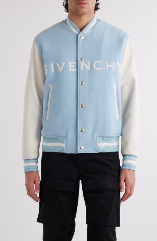 Embroidered Logo Mixed Media Leather & Wool Blend Varsity Jacket in White/Sky Blue