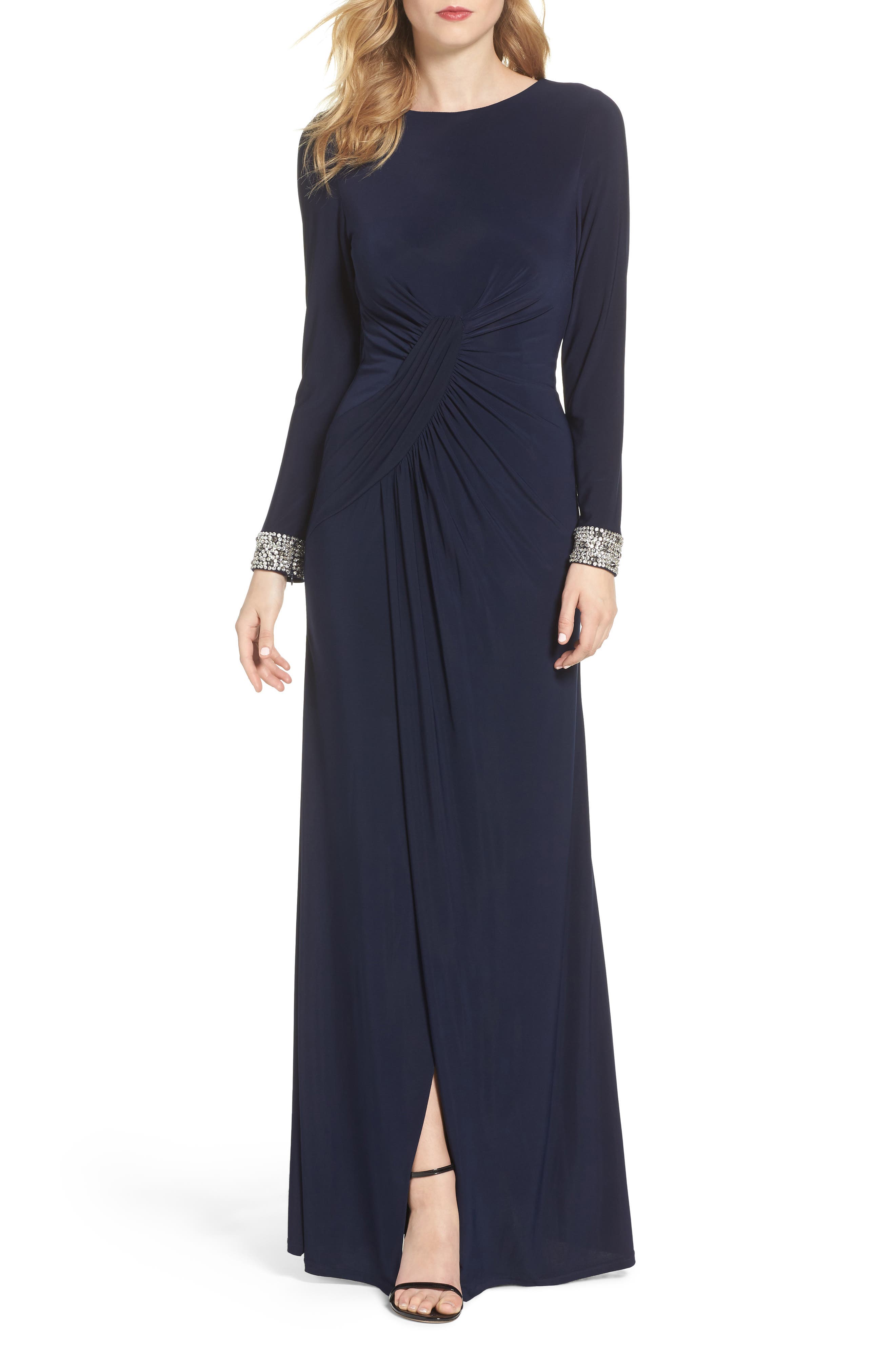 vince camuto beaded cuff ruched jersey dress