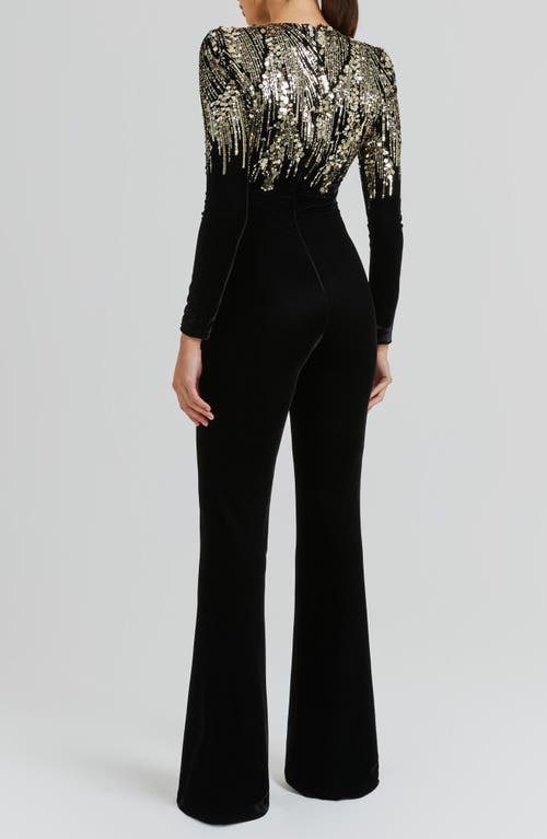 Nadine Merabi Katarina Sequin Long Sleeve Velvet Jumpsuit In Black