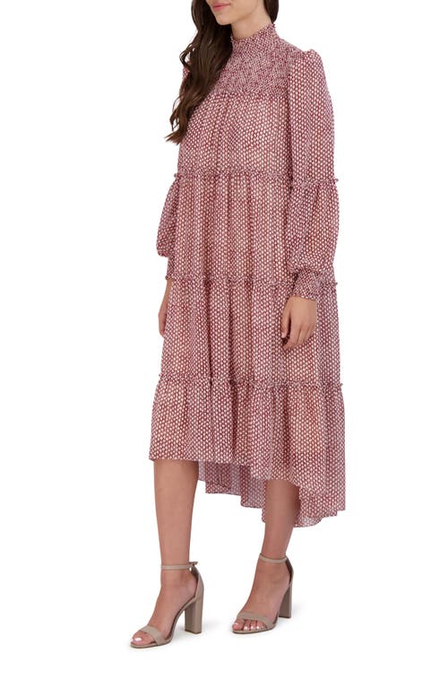 Shop Julia Jordan Smocked Tiered Long Sleeve High-low Dress In Red/ivory