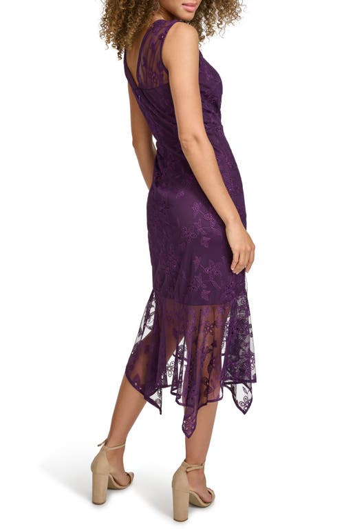 Kensie Embroidered Mesh Sleeveless Dress In Eggplant