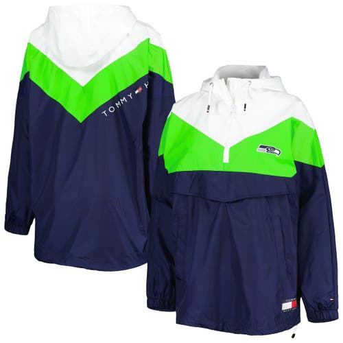 Women's Tommy Hilfiger White/Neon Green Seattle Seahawks Staci Half-Zip Hoodie Windbreaker Jacket