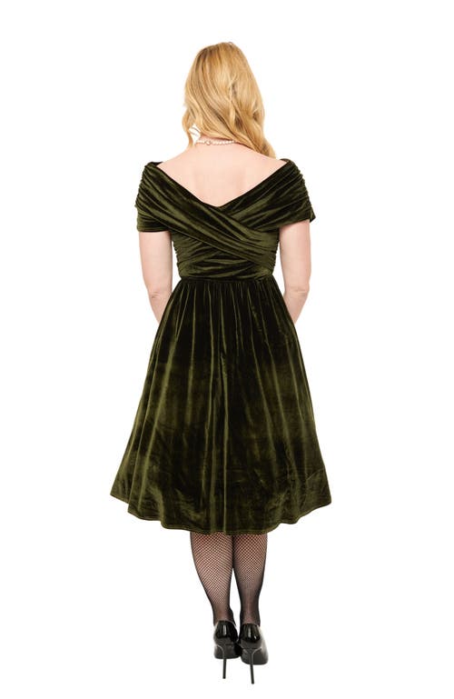 Shop Unique Vintage Shirred Off Shoulder Swing Dress In Olive Green