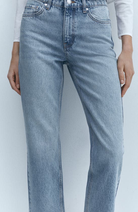 Shop Mango Raw Hem Mid Rise Crop Straight Leg Jeans In Medium Blue