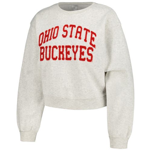 Zoozatz Oatmeal Ohio State Buckeyes Core Chenille Cropped Pullover Sweatshirt In Oatmeal