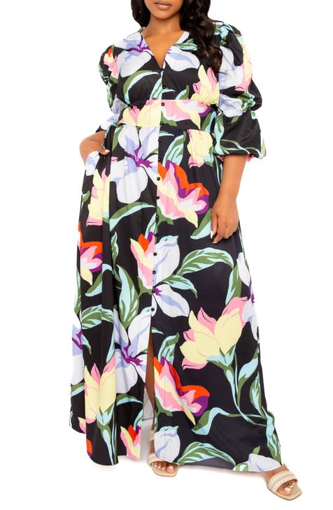 Floral Puff Sleeve Maxi Dress (Plus)