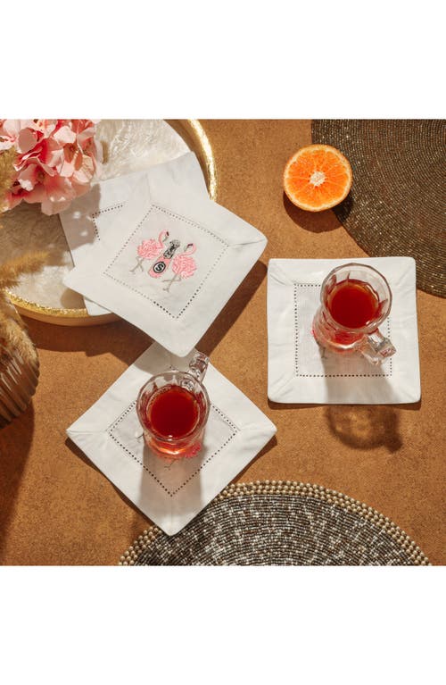 Tiramisu Set Of 4 Embroidered Coasters In White/pink Flamingos