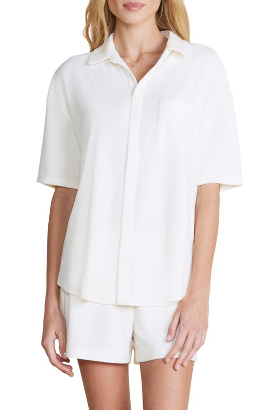 Shop Barefoot Dreams Cozy Terry® Short Sleeve Button-up Shirt In Pearl