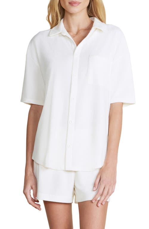 barefoot dreams Cozy Terry Short Sleeve Button-Up Shirt Pearl at Nordstrom,