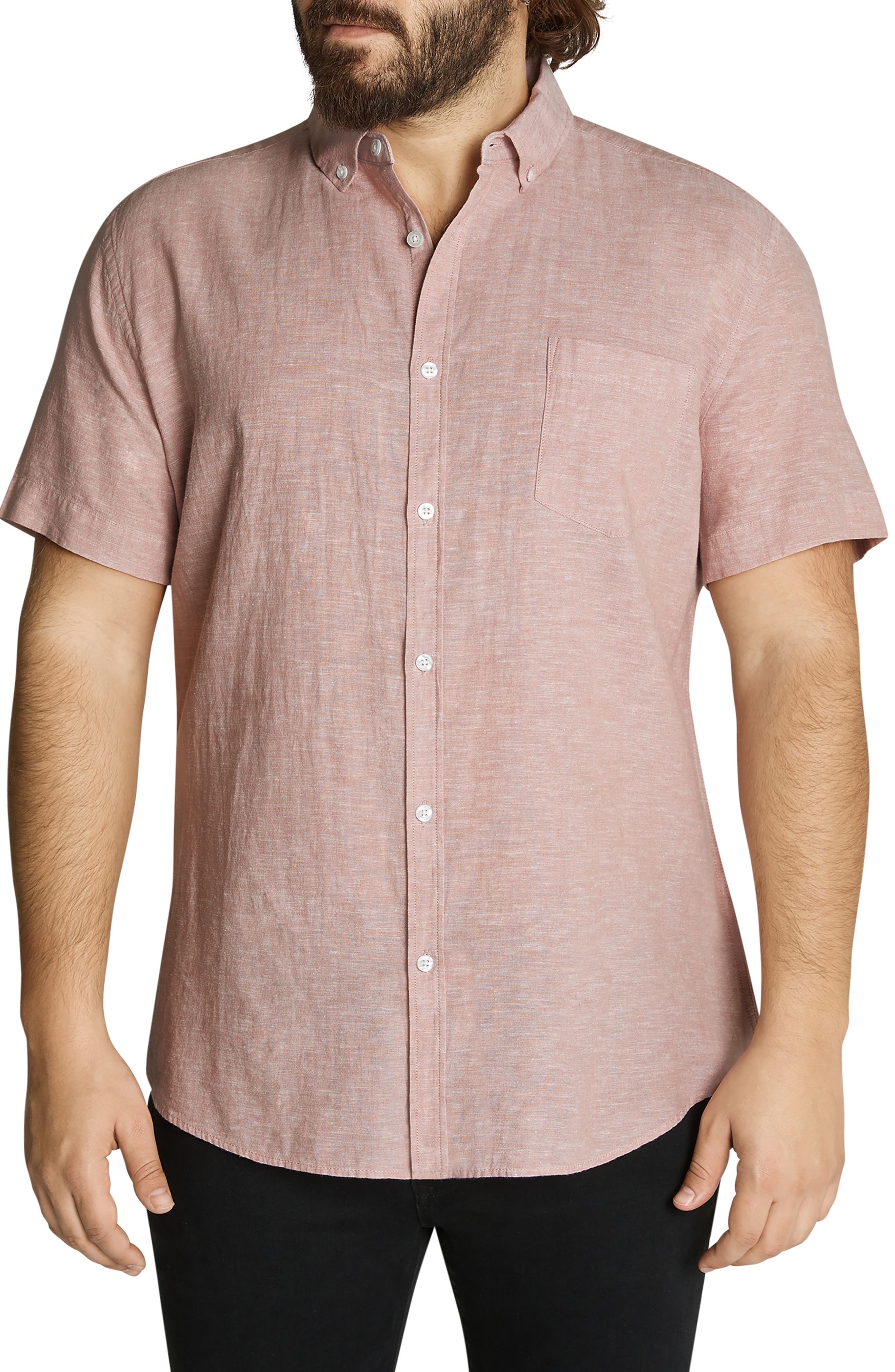 Johnny Bigg Tahiti Short Sleeve Linen Blend Button-Down Shirt in Pink