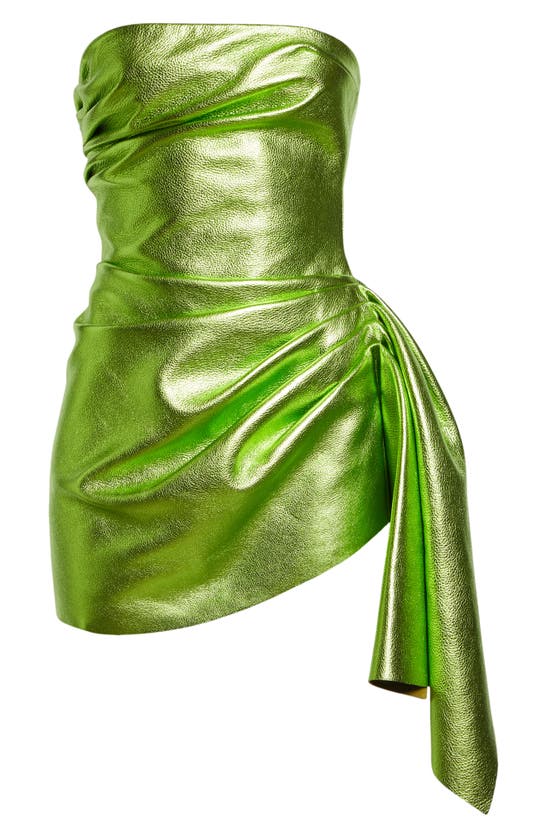 Shop Laquan Smith Asymmetric Pleated Strapless Leather Cocktail Dress In Lime