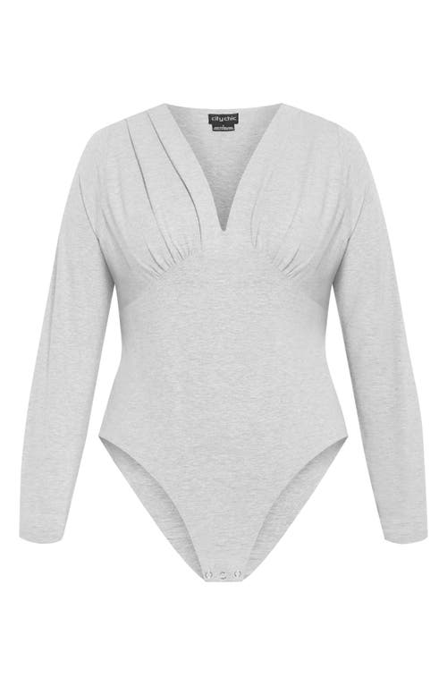 Shop City Chic Amelila Pleated Long Sleeve Bodysuit In Light Grey Marle