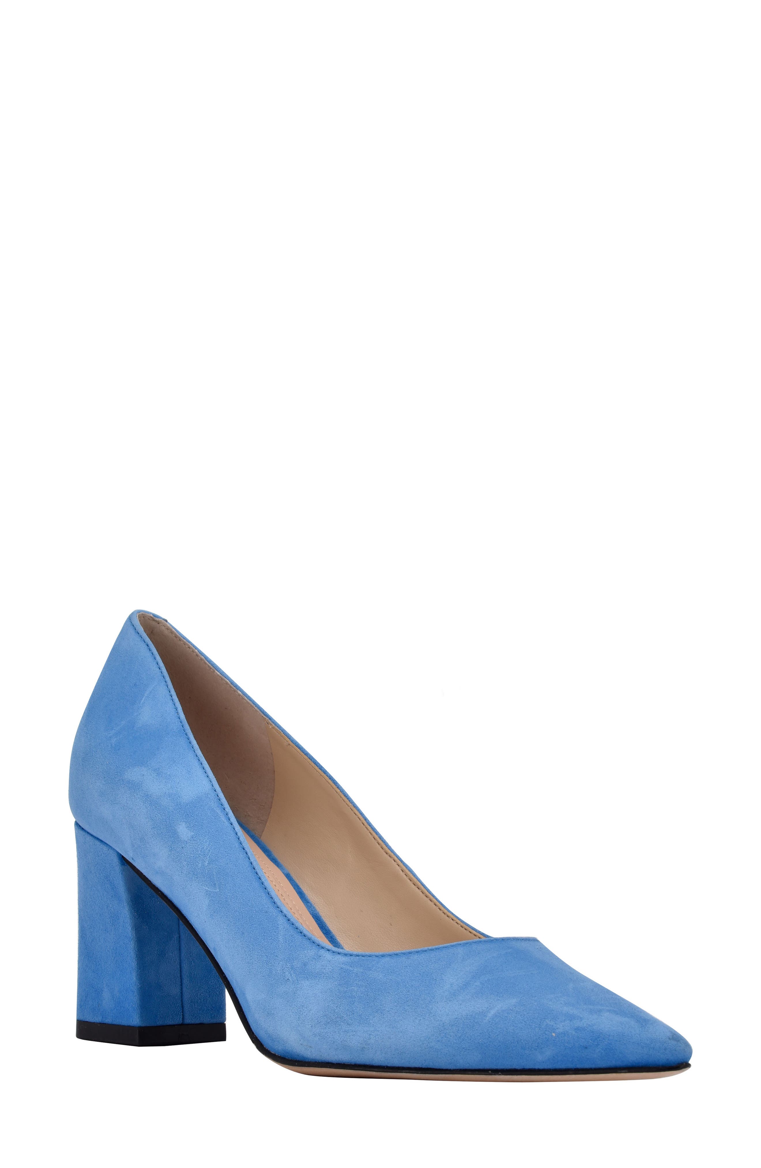 light blue low block heels