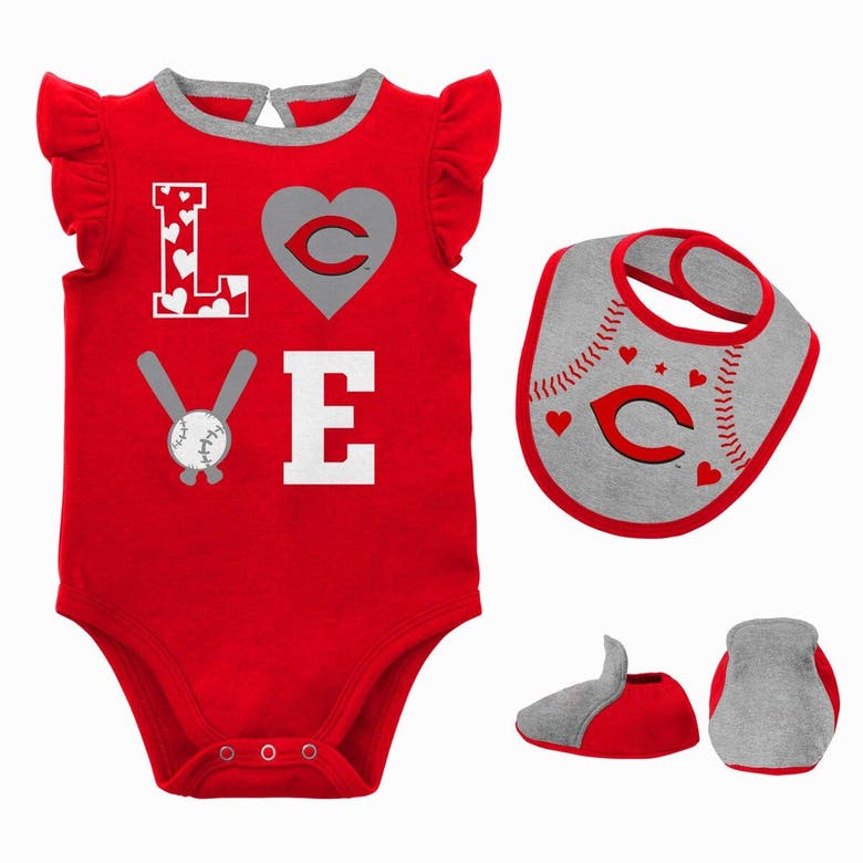 Shop Outerstuff Newborn & Infant Red/heather Gray Cincinnati Reds Three-piece Love Of Baseball Bib Bodysuit & Bootie