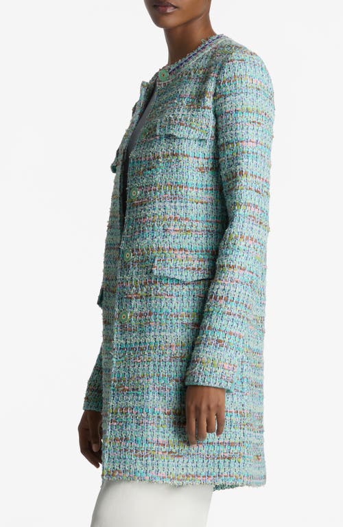 Shop St John St. John Collection Gauzy Multiyarn Metallic Tweed Long Jacket In Seafoam/ecru Multi