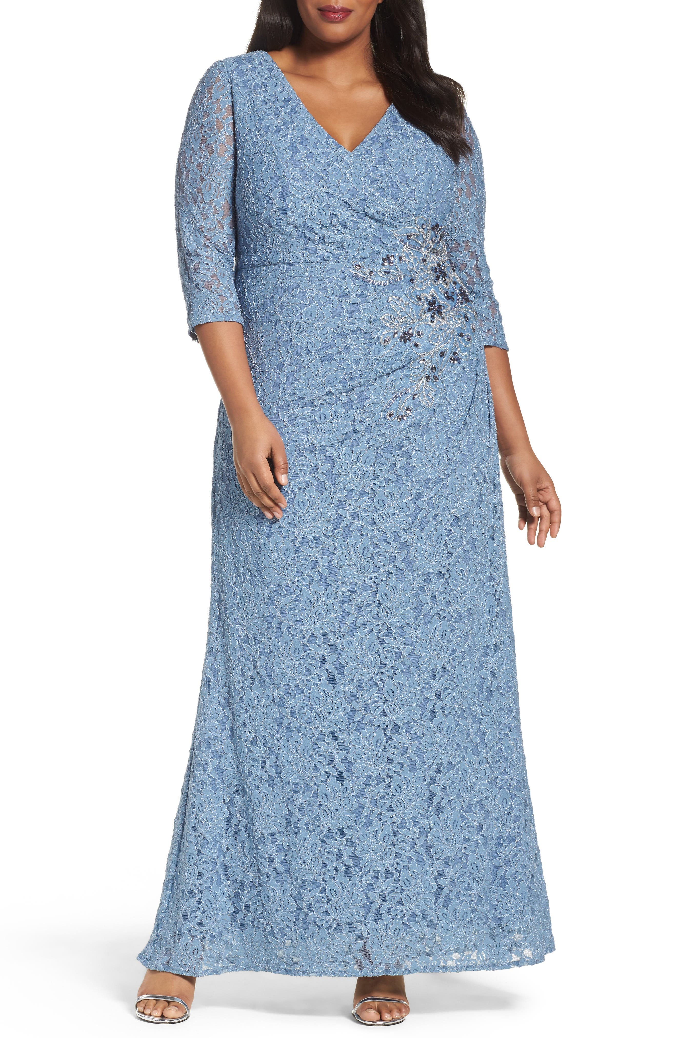 aqua embellished lace gown