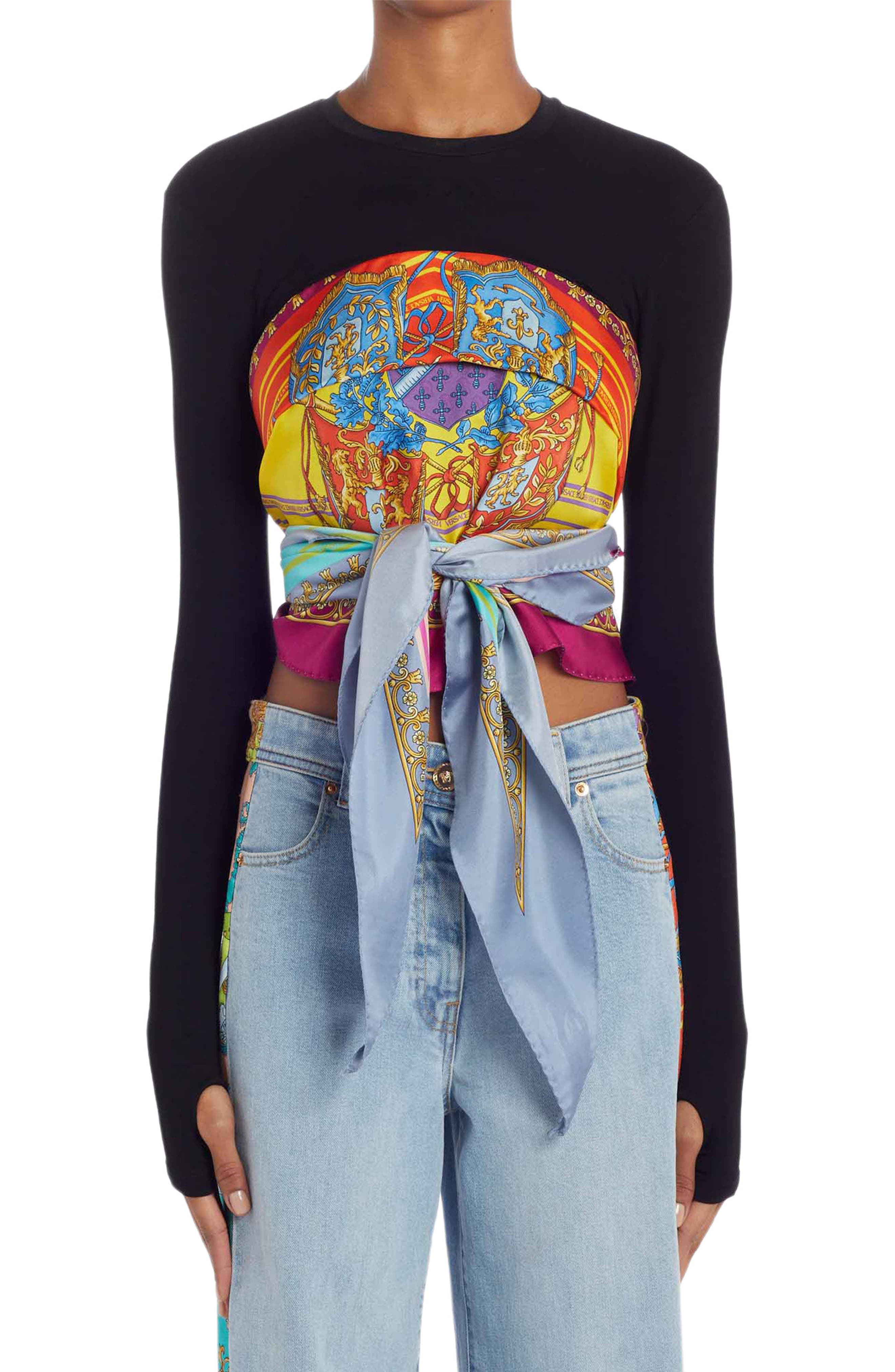 VERSACE Mixed Media Long Sleeve Scarf Blouse in Black Multicolor