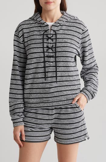 Andrew Marc Heritage Stripe Lace-up Pullover Hoodie In Black/white Combo