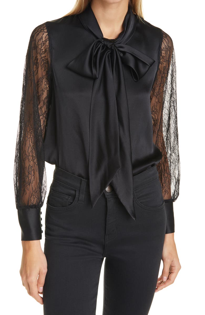 CAMI NYC Camberlyn Lace Sleeve Tie Neck Silk Blouse, Main, color, 