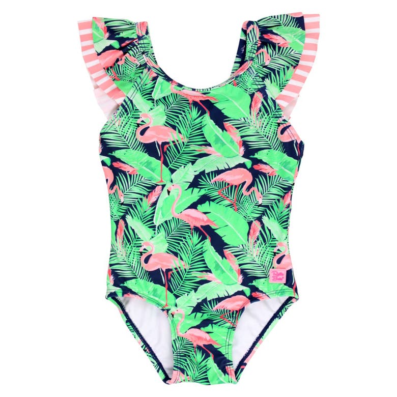 Shop Rufflebutts Girls V-back Upf50+ One Piece In Flamingo Frenzy