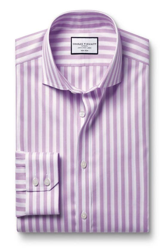 Shop Charles Tyrwhitt Wide Stripe Non-iron Twill Cutaway Slim Fit Shirt Single Cuff In Lilac Purple